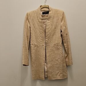 Zara Tan Blazer with Textured Fabric and Mid-Thigh Length